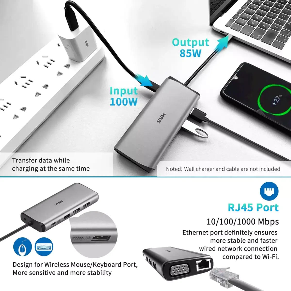 SSK 11-in-1 USB C Docking Station Dual Monitor,HDMI 4K60Hz Multiport Adapter , Thunderbolt Dock Triple Display with 2 HDMI+VGA,RJ45 Ethernet,100W PD,3 USB