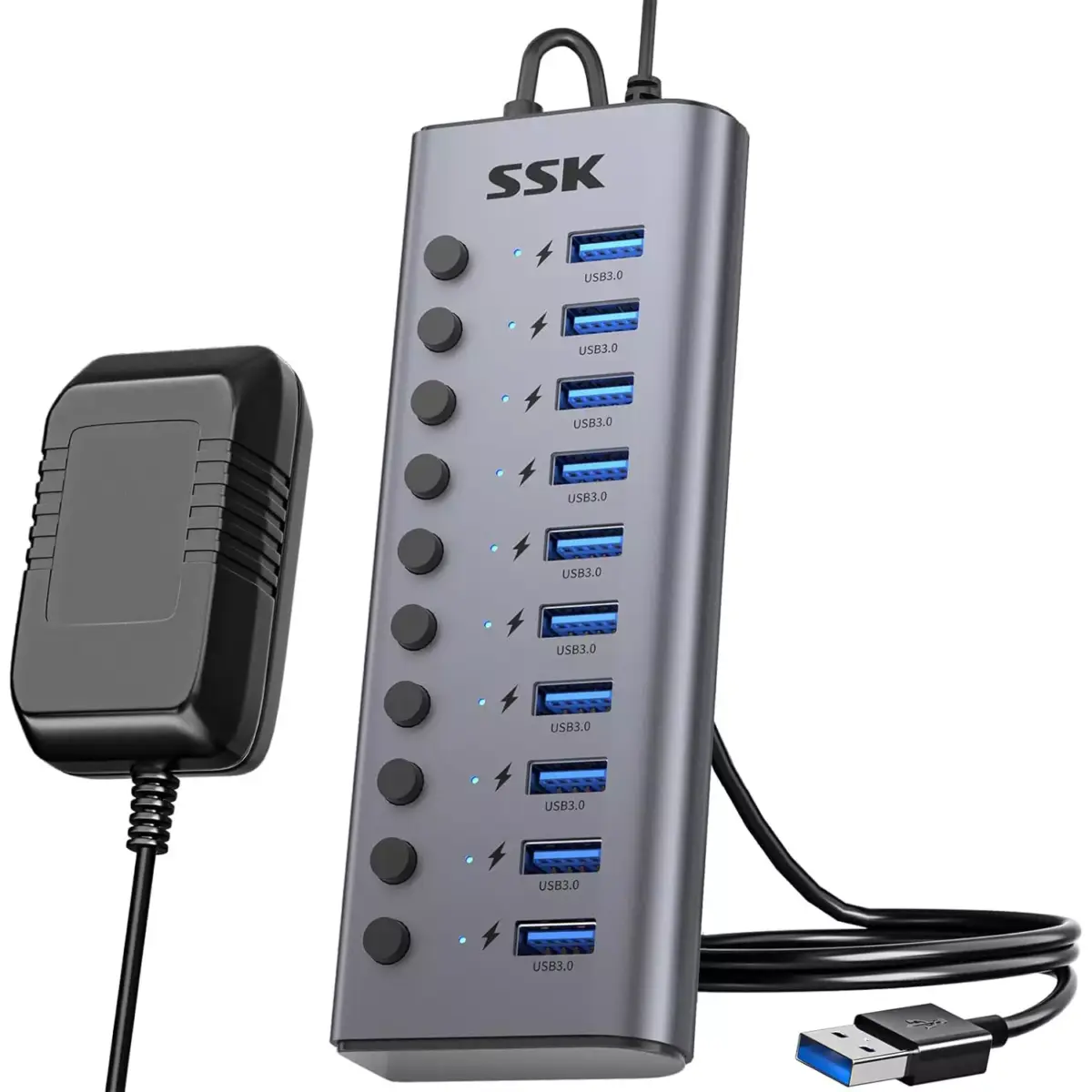 SSK Aluminium 10 Port Powered USB 3.0 Charging Hub, 60W with DC 12V5A Power Adapter, Supports Simultaneous Fast Charge and 5Gbps Data Transmission, 1.2m Long Cable