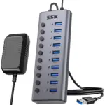 SSK Aluminium 10 Port Powered USB 3.0 Charging Hub, 60W with DC 12V5A Power Adapter, Supports Simultaneous Fast Charge and 5Gbps Data Transmission, 1.2m Long Cable