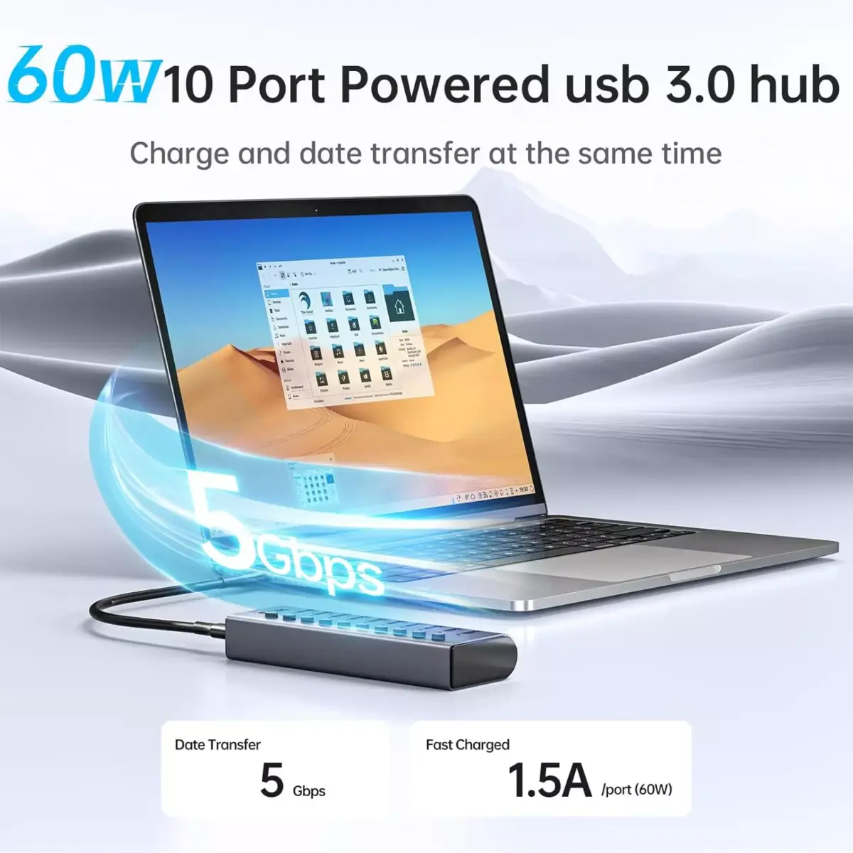SSK Aluminium 10 Port Powered USB 3.0 Charging Hub, 60W with DC 12V5A Power Adapter, Supports Simultaneous Fast Charge and 5Gbps Data Transmission, 1.2m Long Cable