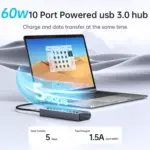 SSK Aluminium 10 Port Powered USB 3.0 Charging Hub, 60W with DC 12V5A Power Adapter, Supports Simultaneous Fast Charge and 5Gbps Data Transmission, 1.2m Long Cable