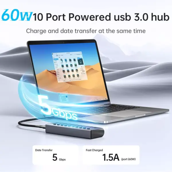 SSK Aluminium 10 Port Powered USB 3.0 Charging Hub, 60W with DC 12V5A Power Adapter, Supports Simultaneous Fast Charge and 5Gbps Data Transmission, 1.2m Long Cable