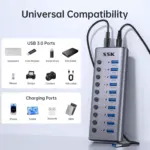 SSK Aluminium 10 Port Powered USB 3.0 Charging Hub, 60W with DC 12V5A Power Adapter, Supports Simultaneous Fast Charge and 5Gbps Data Transmission, 1.2m Long Cable