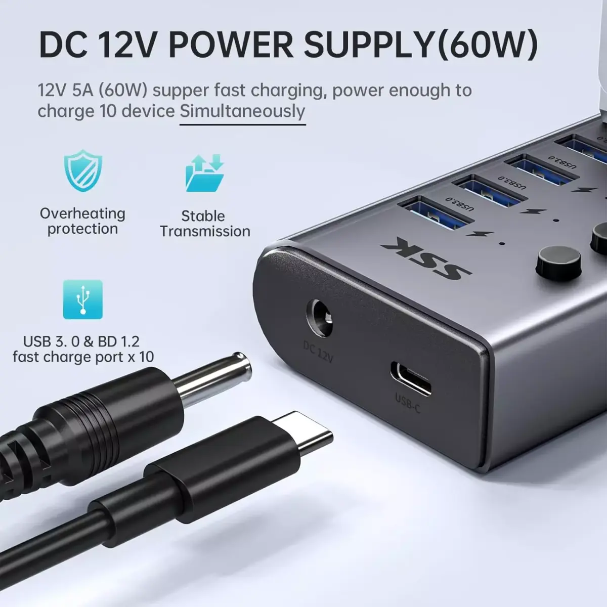 SSK Aluminium 10 Port Powered USB 3.0 Charging Hub, 60W with DC 12V5A Power Adapter, Supports Simultaneous Fast Charge and 5Gbps Data Transmission, 1.2m Long Cable