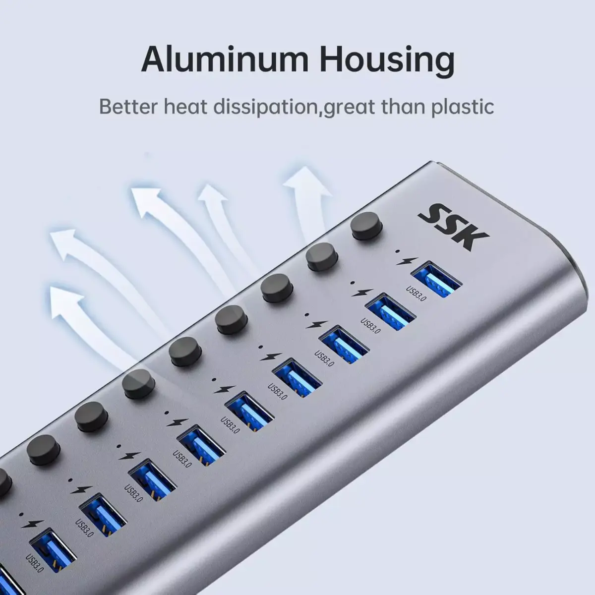 SSK Aluminium 10 Port Powered USB 3.0 Charging Hub, 60W with DC 12V5A Power Adapter, Supports Simultaneous Fast Charge and 5Gbps Data Transmission, 1.2m Long Cable