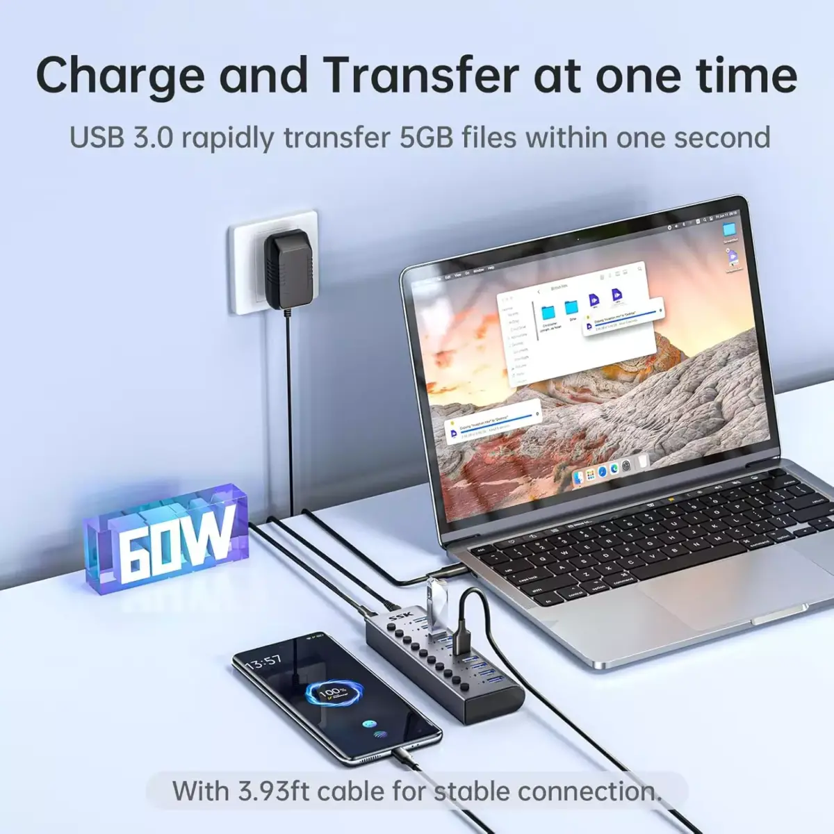 SSK Aluminium 10 Port Powered USB 3.0 Charging Hub, 60W with DC 12V5A Power Adapter, Supports Simultaneous Fast Charge and 5Gbps Data Transmission, 1.2m Long Cable