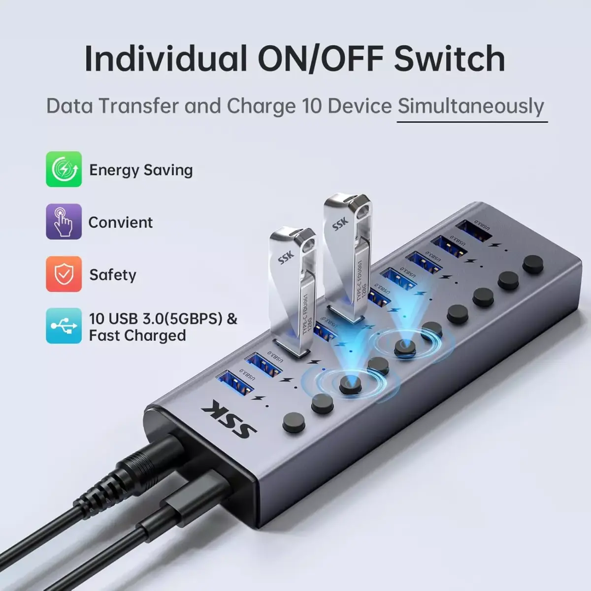 SSK Aluminium 10 Port Powered USB 3.0 Charging Hub, 60W with DC 12V5A Power Adapter, Supports Simultaneous Fast Charge and 5Gbps Data Transmission, 1.2m Long Cable