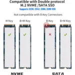 SSK Aluminum M.2 to USB NVMe SATA SSD Enclosure Reader, Tool-Free USB 3.2 Gen 2 10Gbps NVMe PCI-E 6Gbps SATA M-Key / B+M Key Solid State Drive External Adapter With UASP Trim, for SSDs 2242 2260 2280