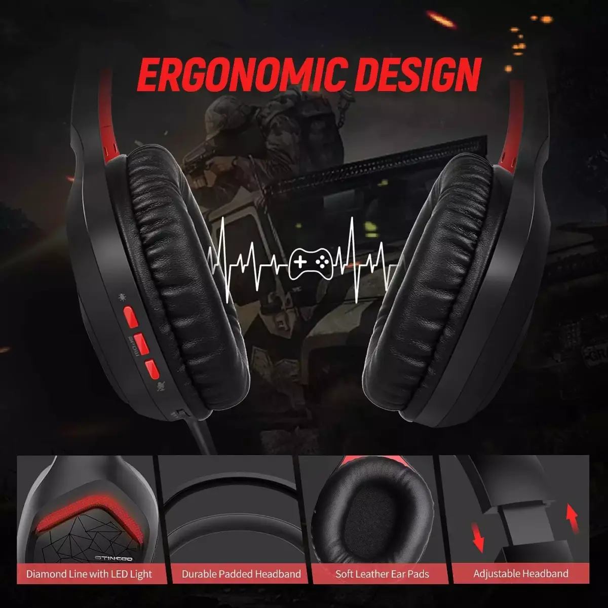 Somic GS301 USB Gaming Headset, 7.1 Surround Sound Stereo with Detachable Microphone