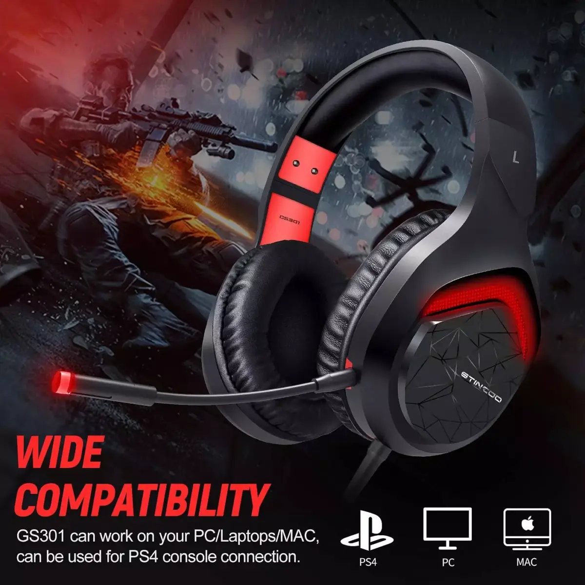 Somic GS301 USB Gaming Headset, 7.1 Surround Sound Stereo with Detachable Microphone