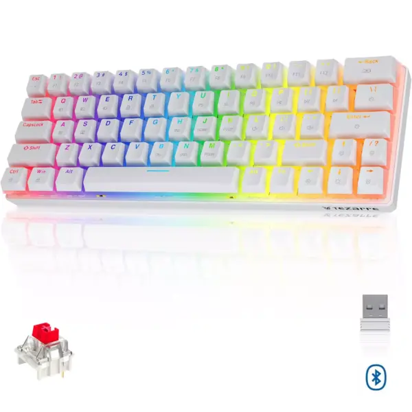 Tezarre TK63 Pro 3 Mode Wireless, Bluetooth, Wired RGB Keyboard - Hot Swappable Gateron Red Mechanical Switch - Pudding Keycaps (White)