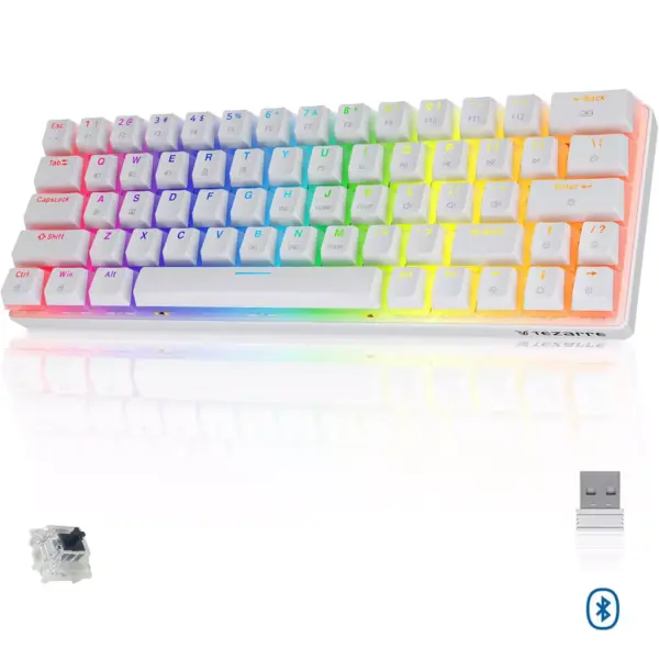 Tezarre TK63 Pro 3 Mode Wireless, Bluetooth, Wired RGB Keyboard - Hot Swappable Gateron Black Mechanical Switch - Pudding Keycaps (White)