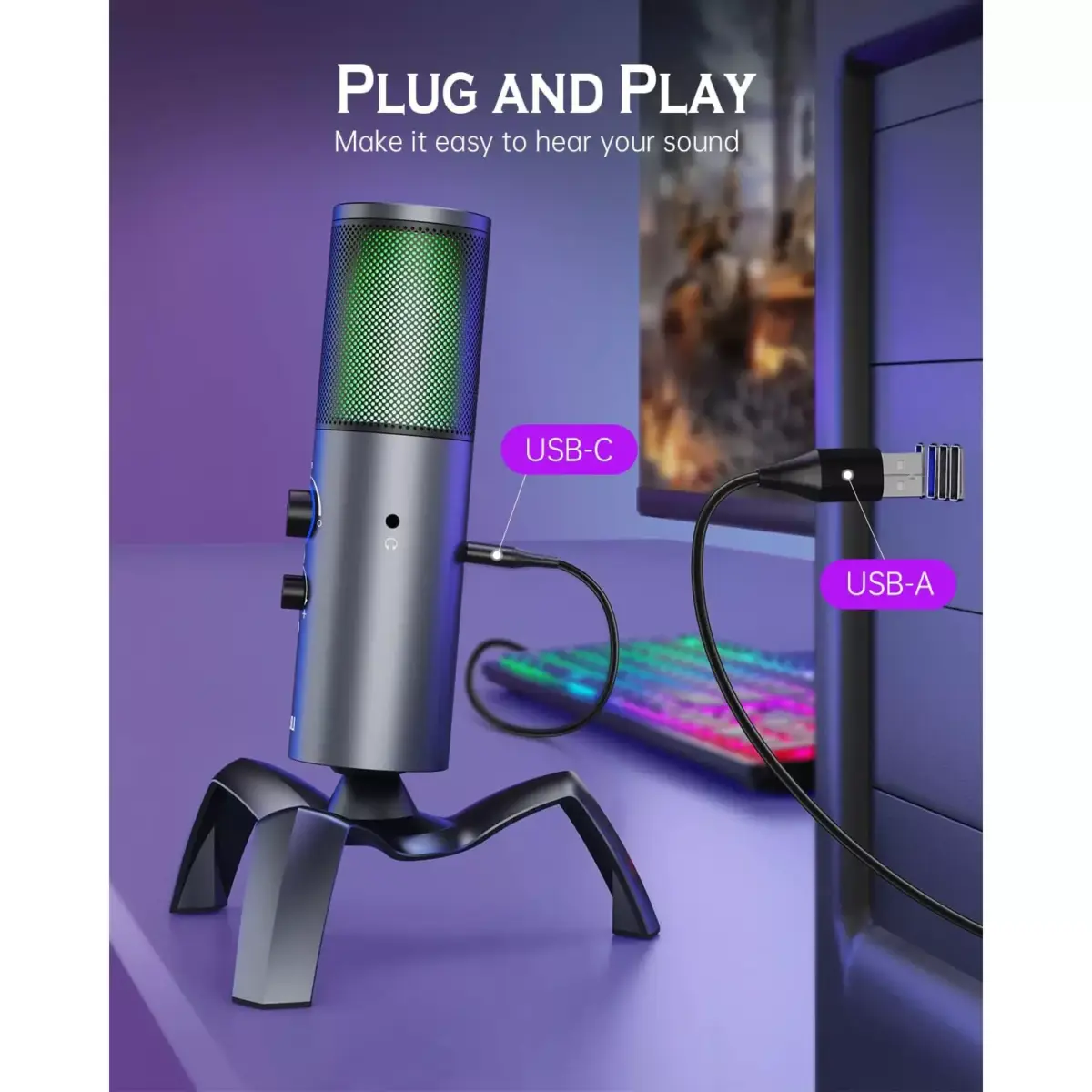UHURU UM-1100 USB Gaming RGB Microphone with 2 Pickup Patterns, , 0-Latency Monitoring with Headphone Port, for PC, PS45, Perfect for Gaming, Podcasts,Conference Calls