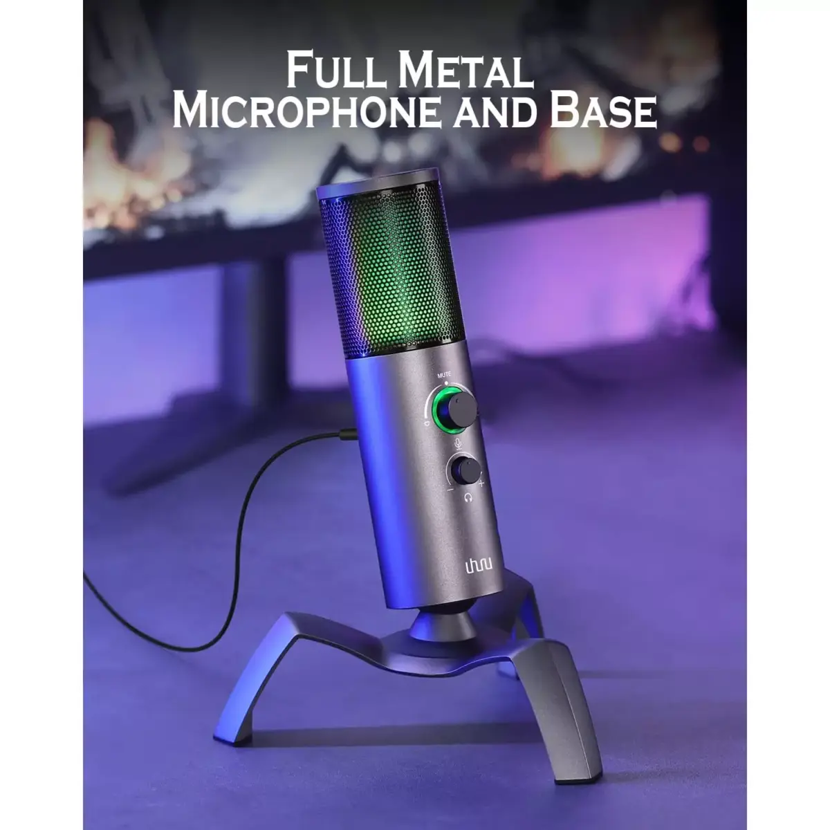 UHURU UM-1100 USB Gaming RGB Microphone with 2 Pickup Patterns, , 0-Latency Monitoring with Headphone Port, for PC, PS45, Perfect for Gaming, Podcasts,Conference Calls