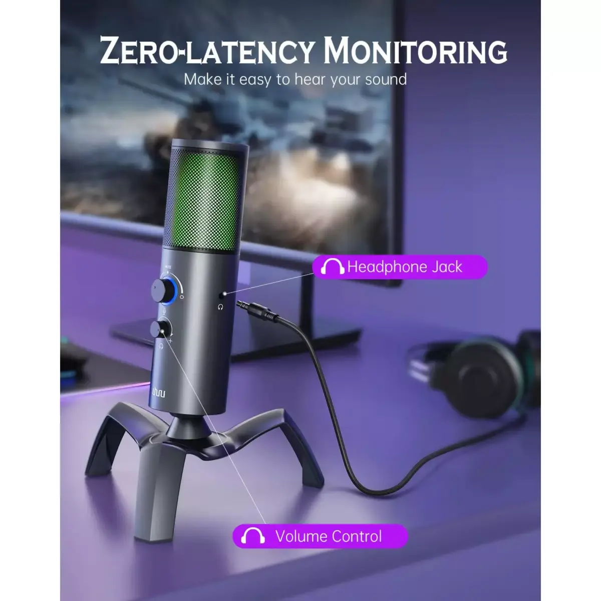 UHURU UM-1100 USB Gaming RGB Microphone with 2 Pickup Patterns, , 0-Latency Monitoring with Headphone Port, for PC, PS45, Perfect for Gaming, Podcasts,Conference Calls