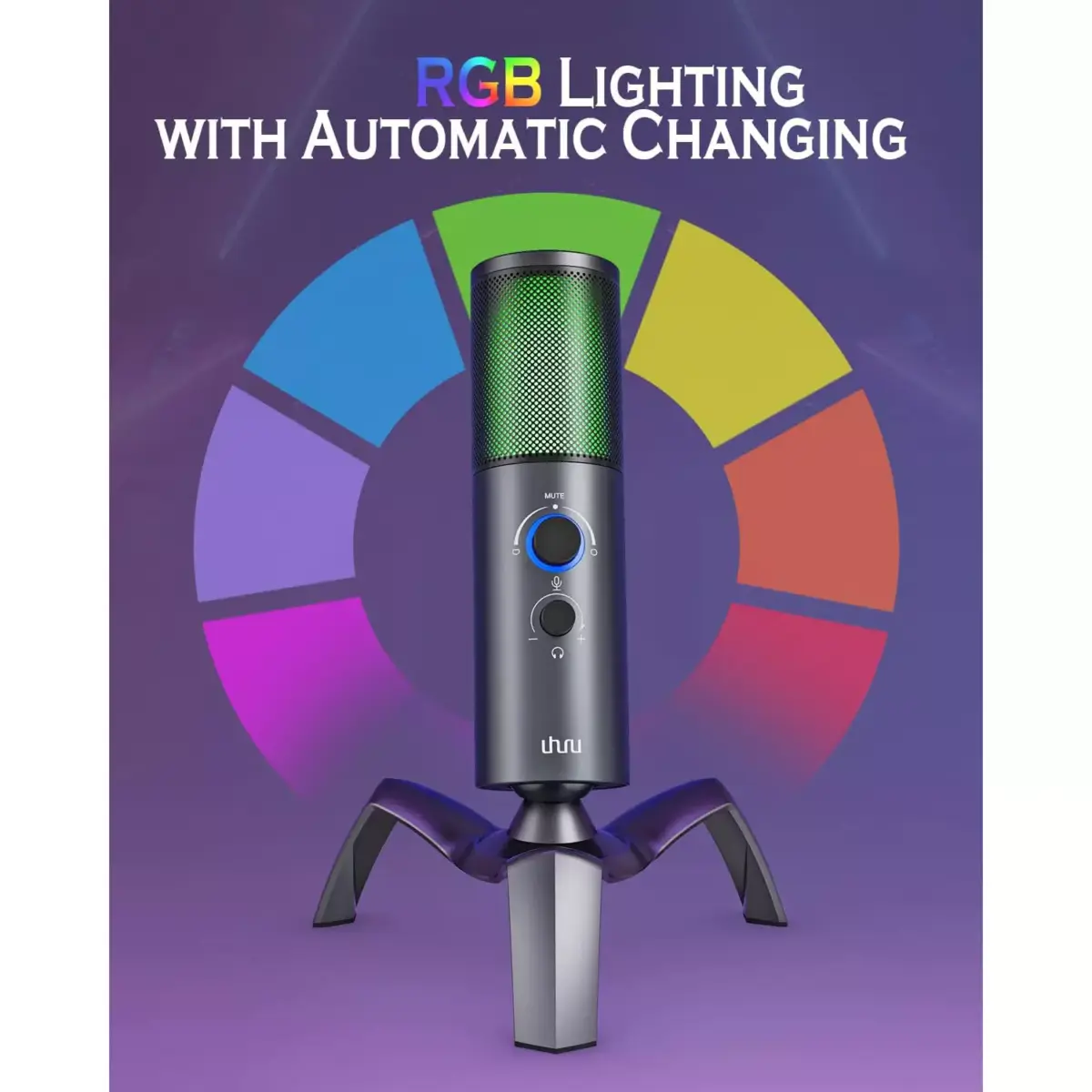 UHURU UM-1100 USB Gaming RGB Microphone with 2 Pickup Patterns, , 0-Latency Monitoring with Headphone Port, for PC, PS45, Perfect for Gaming, Podcasts,Conference Calls