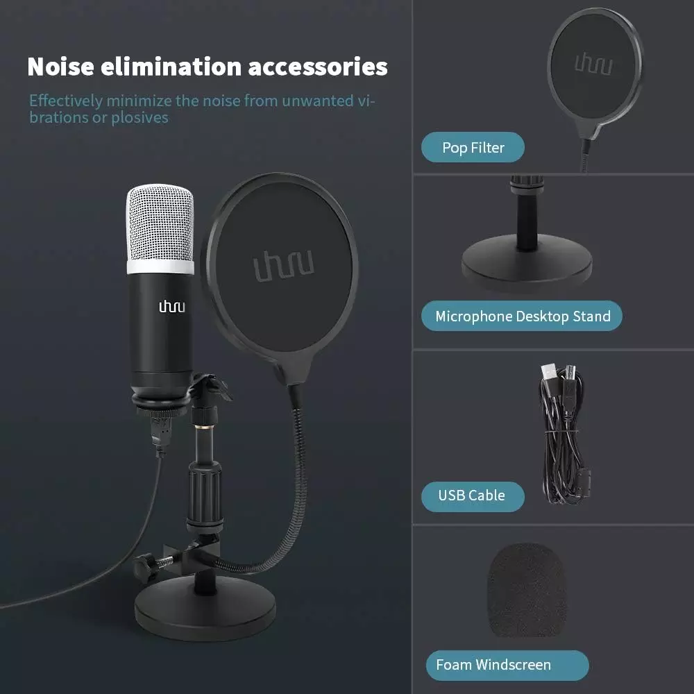 UHURU UM-940 USB Microphone Cardioid Condenser Kit with Sound Card Desktop Stand,Pop Filter, for Skype Youtuber Gaming Recording Home Streaming