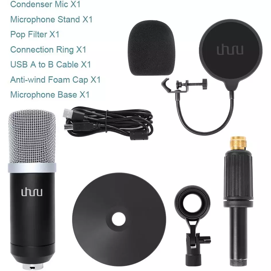 UHURU UM-940 USB Microphone Cardioid Condenser Kit with Sound Card Desktop Stand,Pop Filter, for Skype Youtuber Gaming Recording Home Streaming