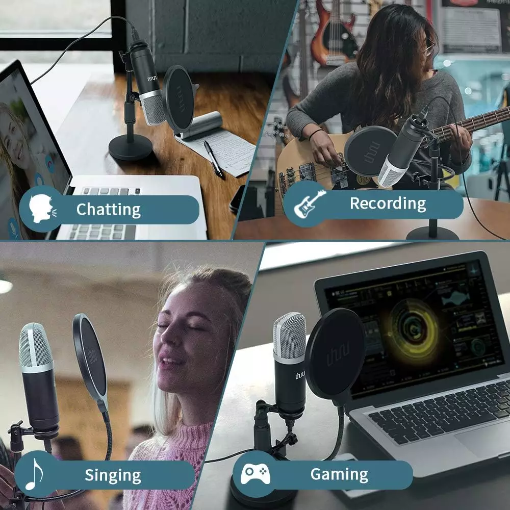 UHURU UM-940 USB Microphone Cardioid Condenser Kit with Sound Card Desktop Stand,Pop Filter, for Skype Youtuber Gaming Recording Home Streaming