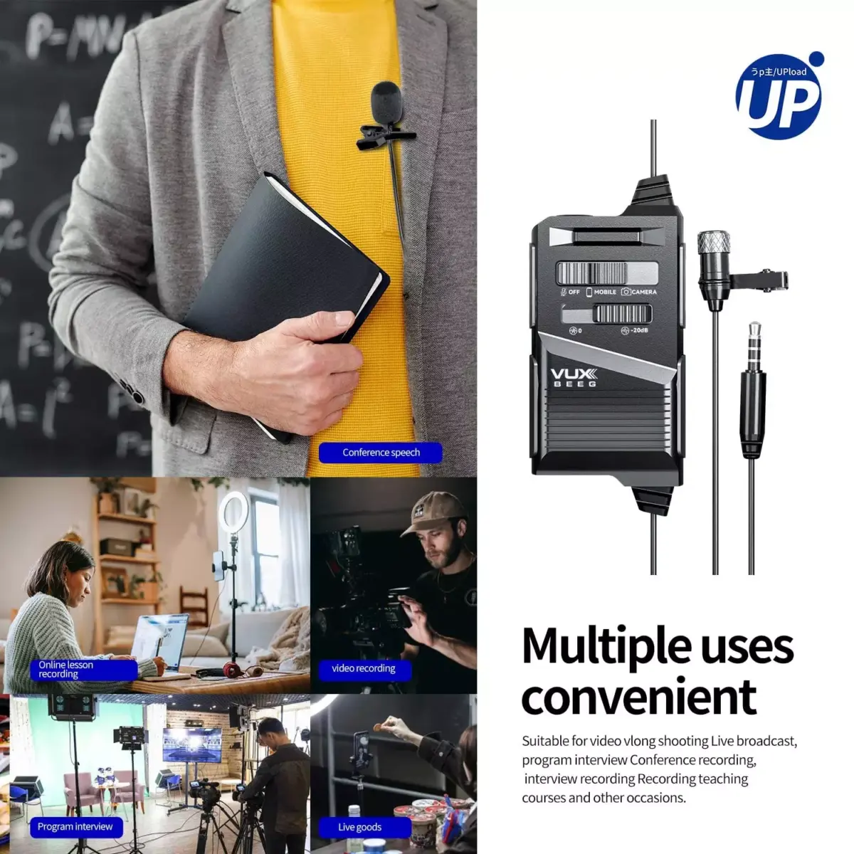 VUX BEEG UP10 Omnidirectional Lavalier Microphone Clip-on Lapel Mic for Smartphones, DSLR, Camcorder Audio Recorders & Vlogging