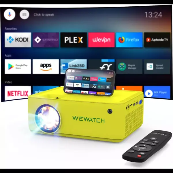 WEWATCH V10 Mini WiFi Video Projector, Wireless Portable with Bluetooth Full HD 1080p Compatible with HDMI, VGA, TV Stick, iPhone, Android (Yellow)