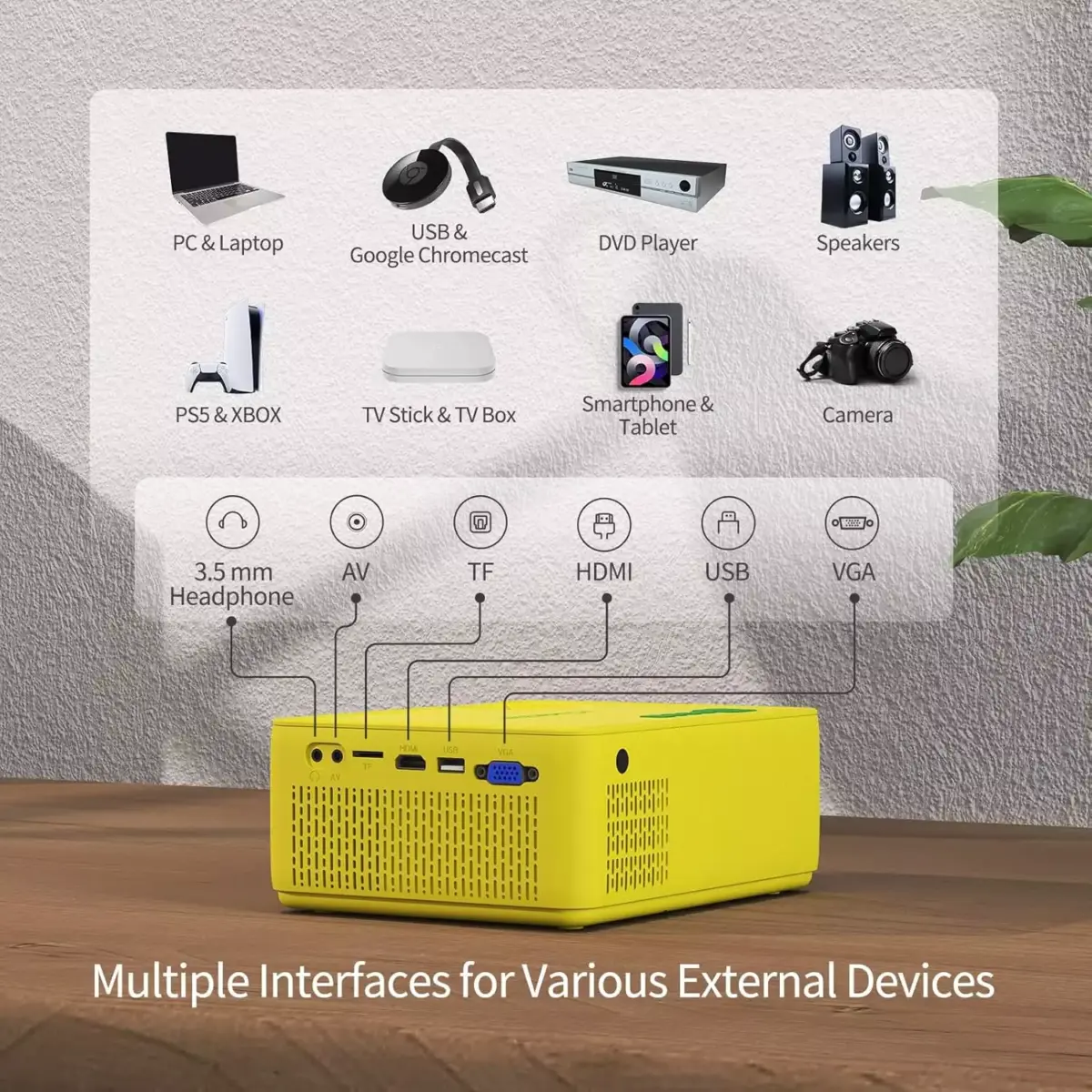 WEWATCH V10 Mini WiFi Video Projector, Wireless Portable with Bluetooth Full HD 1080p Compatible with HDMI, VGA, TV Stick, iPhone, Android (Yellow)