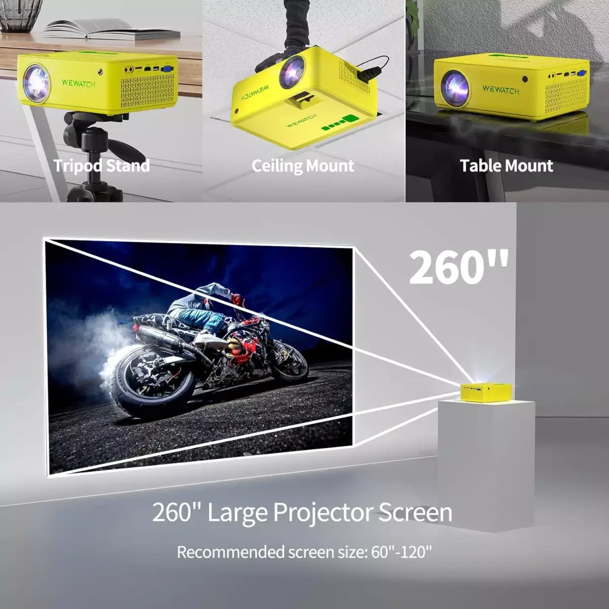 WEWATCH V10 Mini WiFi Video Projector, Wireless Portable with Bluetooth Full HD 1080p Compatible with HDMI, VGA, TV Stick, iPhone, Android (Yellow)