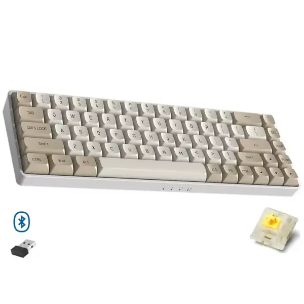 AIGO A68 3 Mode Wireless, Bluetooth, Wired Gaming Mechancial Keyboard - Yellow Switch Hot Swappable - 1000Hz Polling rate - PBT keycaps - Detchable USB C Cable (Milk Coffee)