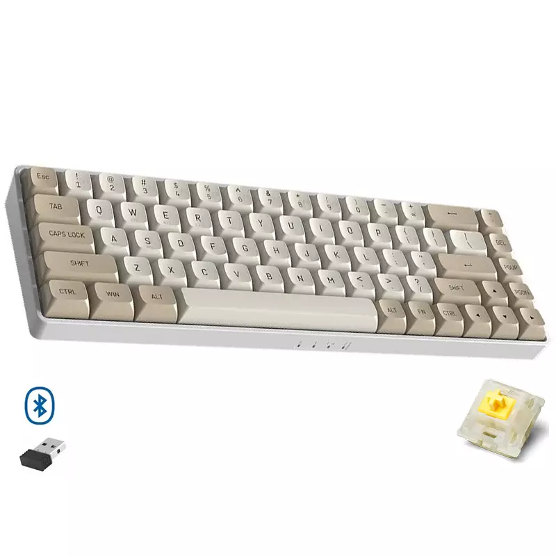 AIGO A68 3 Mode Wireless, Bluetooth, Wired Gaming Mechancial Keyboard - Yellow Switch Hot Swappable - 1000Hz Polling rate - PBT keycaps - Detchable USB C Cable (Milk Coffee)