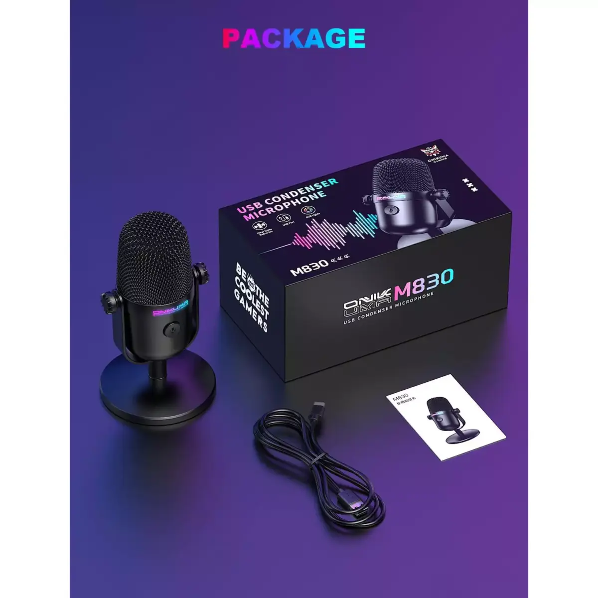 ONIKUMA M830 USB Condenser Gaming Microphone with Noise Cancellation & Mute Button, Streaming/Recording, Ultra-Compact Design