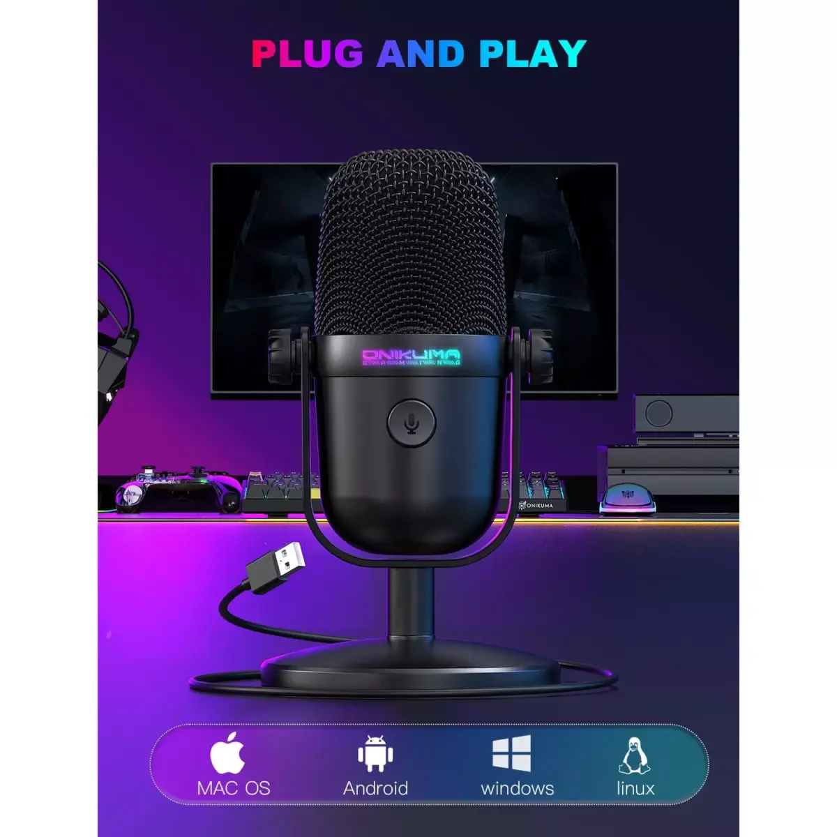 ONIKUMA M830 USB Condenser Gaming Microphone with Noise Cancellation & Mute Button, Streaming/Recording, Ultra-Compact Design