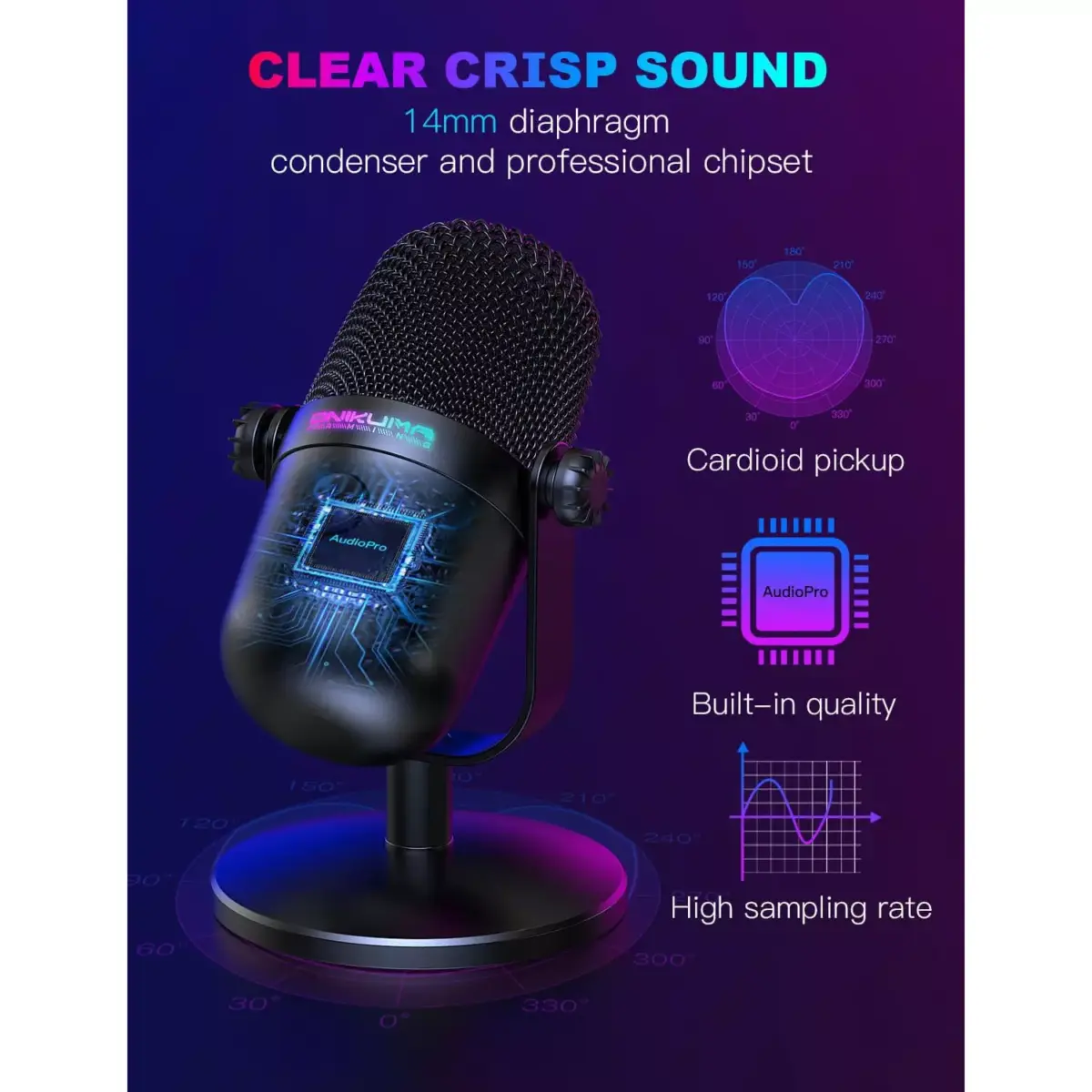 ONIKUMA M830 USB Condenser Gaming Microphone with Noise Cancellation & Mute Button, Streaming/Recording, Ultra-Compact Design