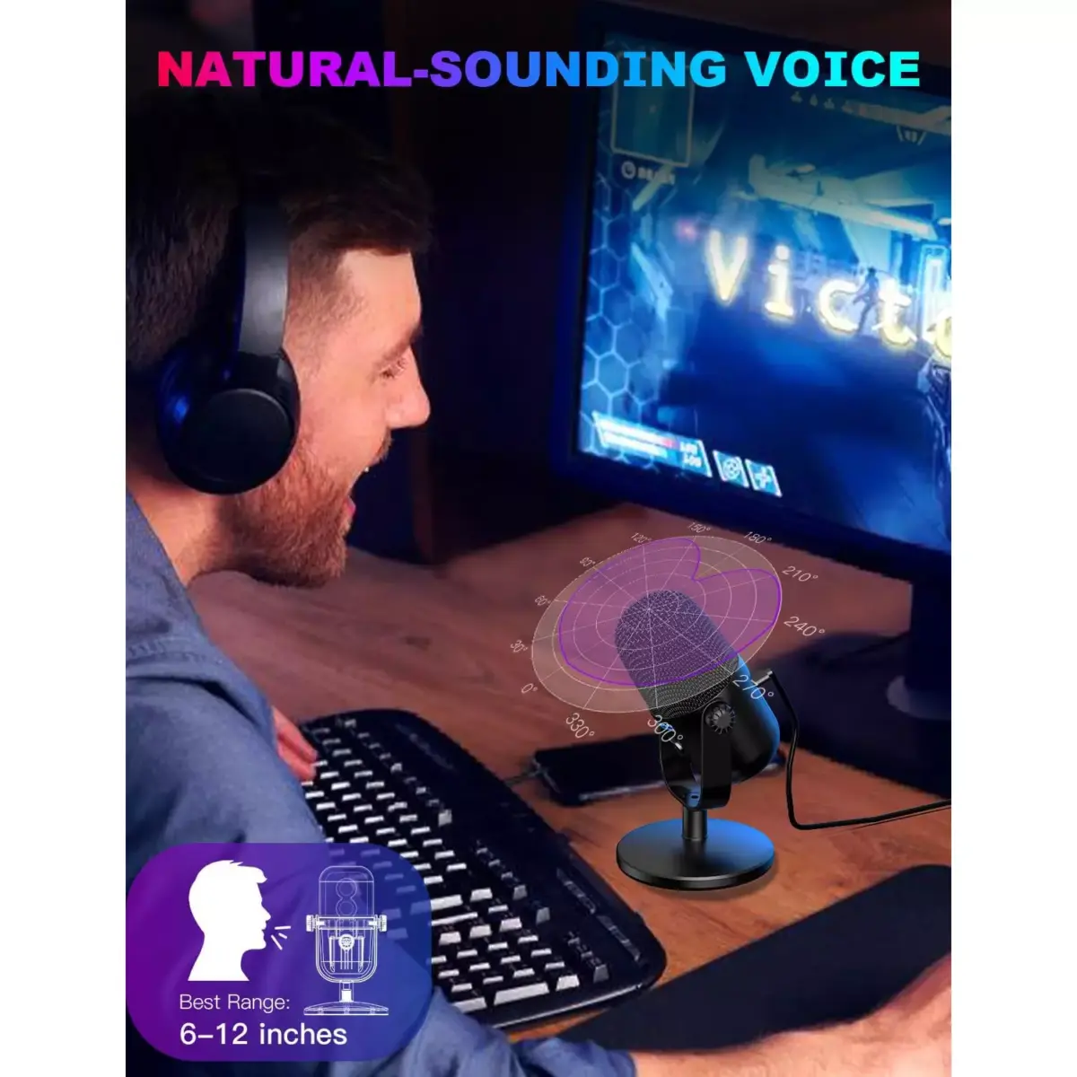 ONIKUMA M830 USB Condenser Gaming Microphone with Noise Cancellation & Mute Button, Streaming/Recording, Ultra-Compact Design