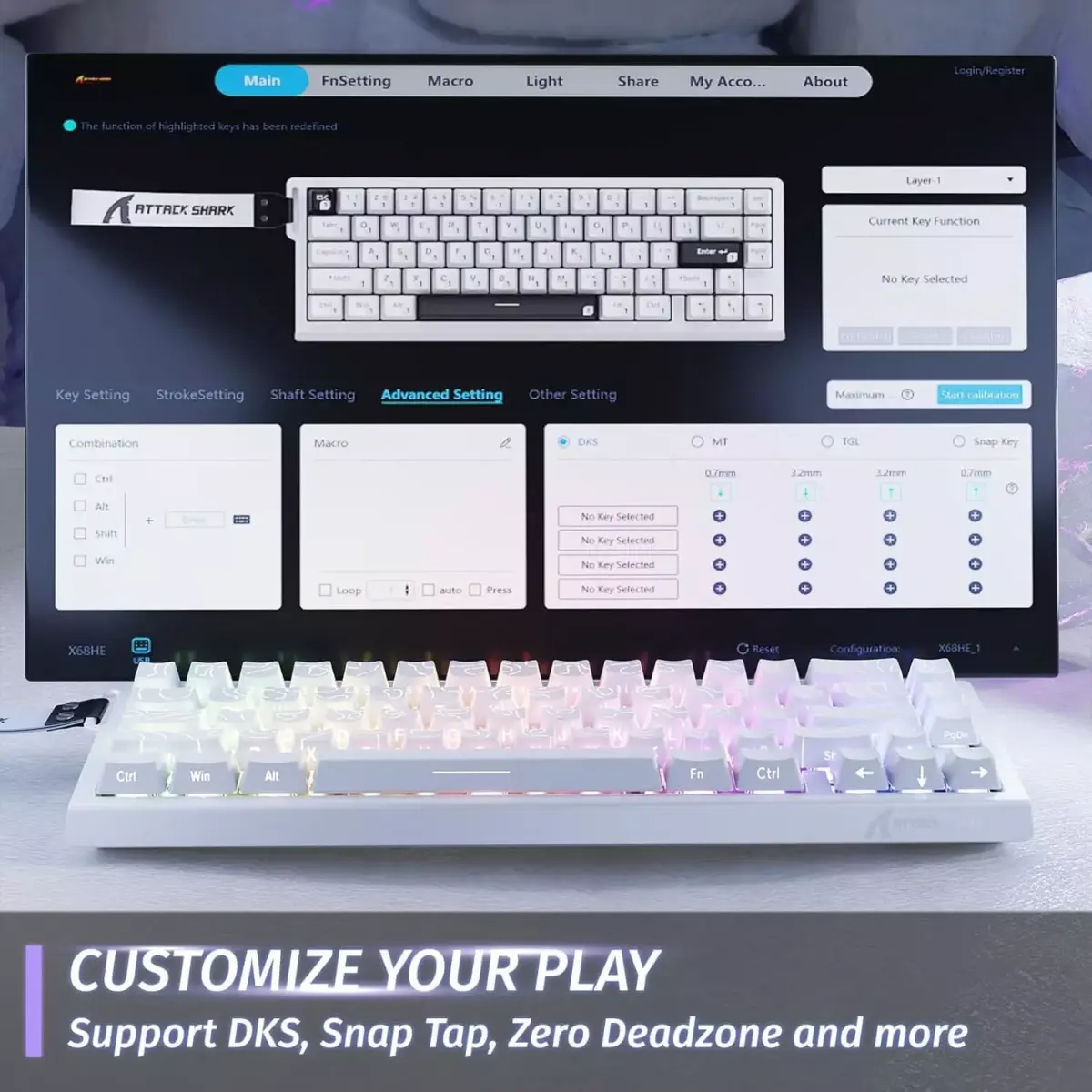 ATTACK SHARK X68 HE Rapid Trigger RGB Magnetic Gaming Keyboard with Adjustable Actuation,Hall Effect Magnetic Switch, 8KHz Polling Rate (White Contour)