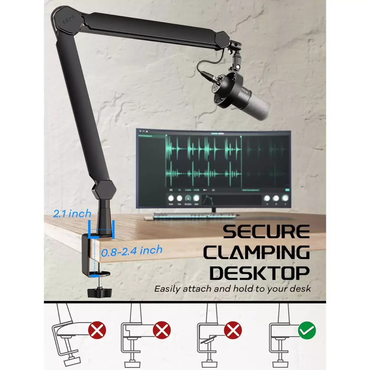 FIFINE BM66 Microphone Boom Arm Stand,  with Desk Clamp, Cable Channels, 3/8" to 5/8" Threads, Heavy Metal for Podcast, Vocal Recording, Gaming