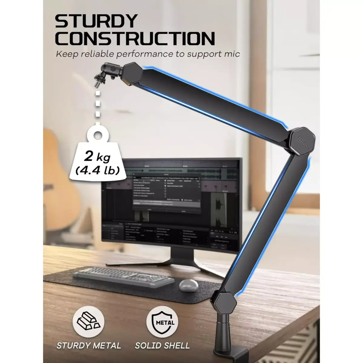 FIFINE BM66 Microphone Boom Arm Stand,  with Desk Clamp, Cable Channels, 3/8" to 5/8" Threads, Heavy Metal for Podcast, Vocal Recording, Gaming