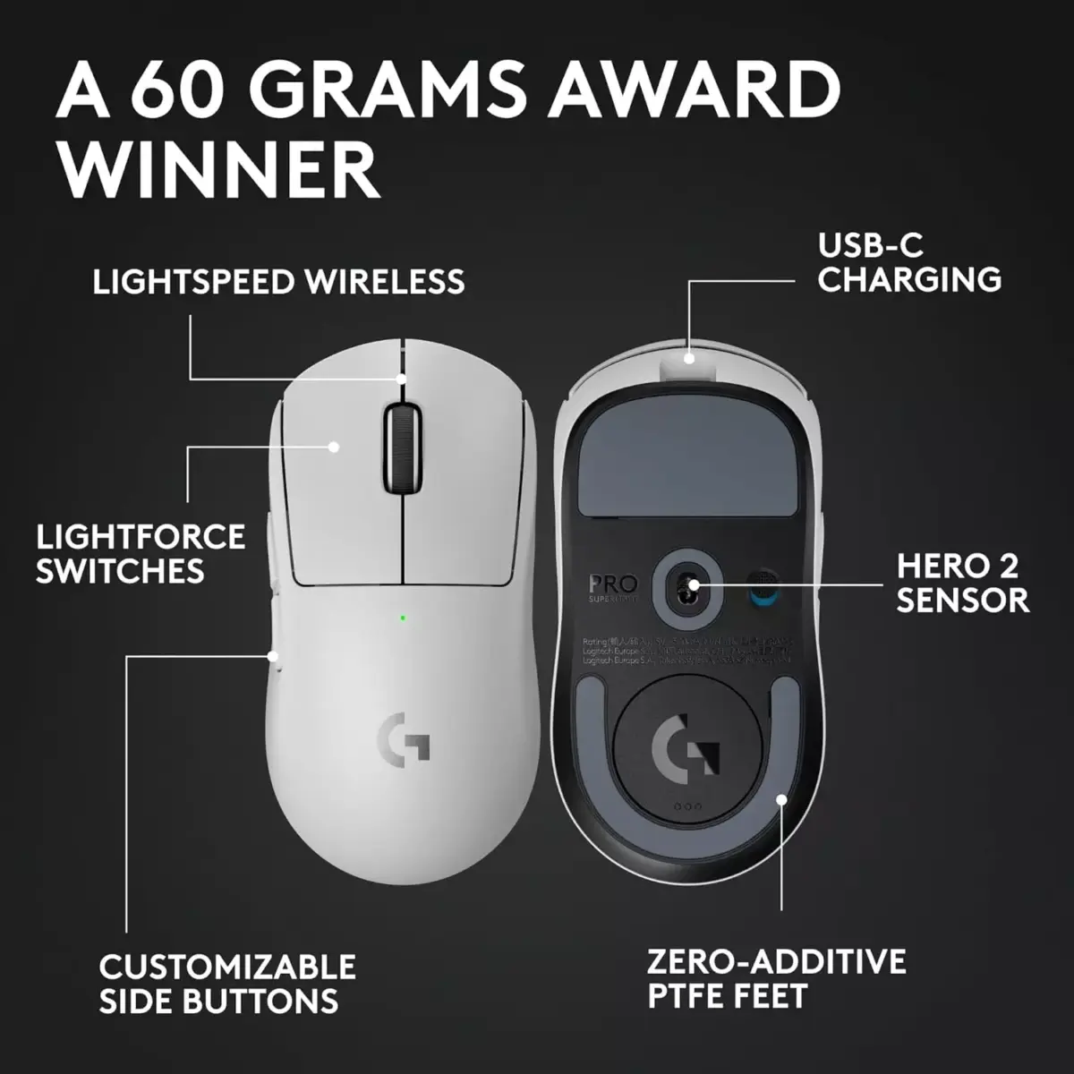 Logitech G PRO X SUPERLIGHT 2 Wireless Gaming Mouse, 60g Pro-Grade with 5 Programmable Buttons, 44k DPI Sensor, 8kHz Report Rate (White)