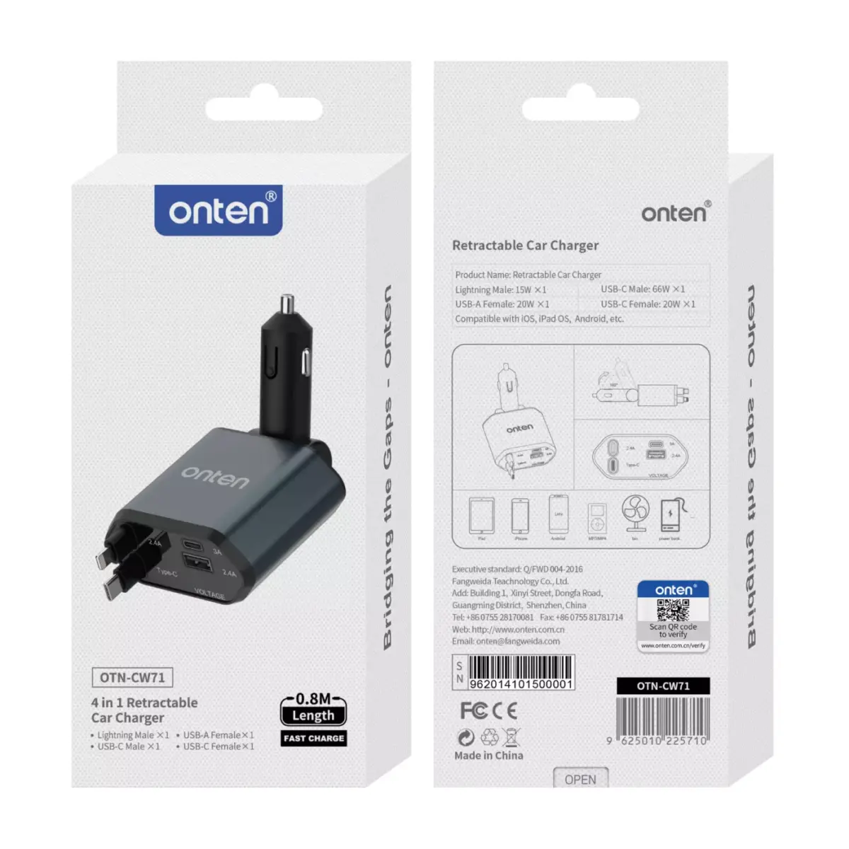 ONTEN CW71 4-in-1 Retractable Car Charger - Output power 66W