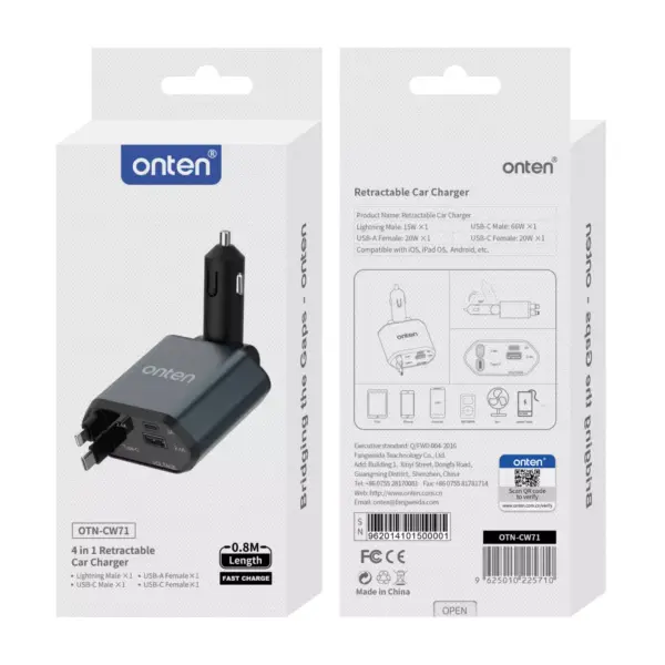 ONTEN CW71 4-in-1 Retractable Car Charger - Output power 66W