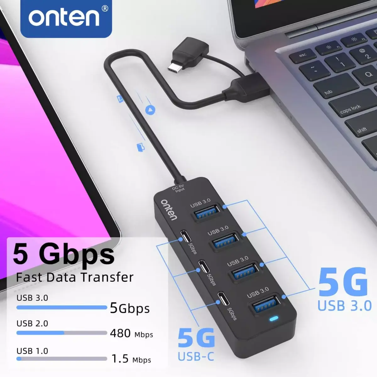 ONTEN UCA5306 USB C Hub,7 Ports USB3.0 to USB-C HUB with a USB C to USB 3.0 Adapter. 3.2ft Cable 4USB3.0 Ports,3USB C Ports forThunderbolt 34 MacBook Surface Pro