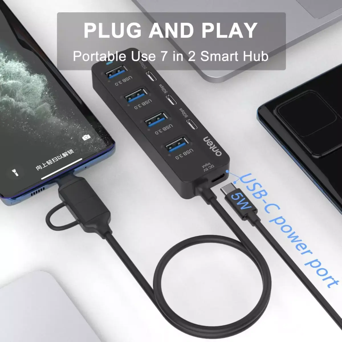 ONTEN UCA5306 USB C Hub,7 Ports USB3.0 to USB-C HUB with a USB C to USB 3.0 Adapter. 3.2ft Cable 4USB3.0 Ports,3USB C Ports forThunderbolt 34 MacBook Surface Pro