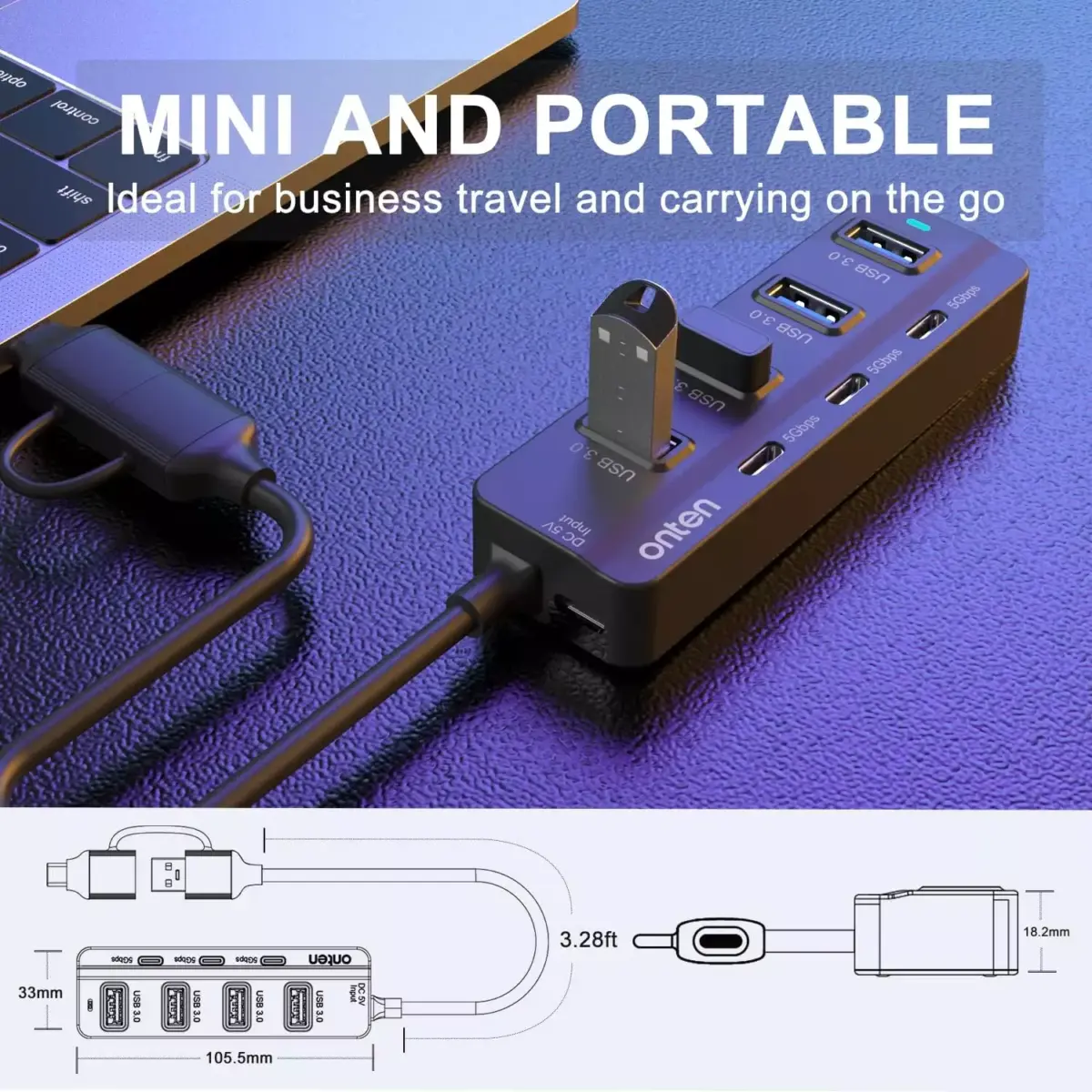 ONTEN UCA5306 USB C Hub,7 Ports USB3.0 to USB-C HUB with a USB C to USB 3.0 Adapter. 3.2ft Cable 4USB3.0 Ports,3USB C Ports forThunderbolt 34 MacBook Surface Pro