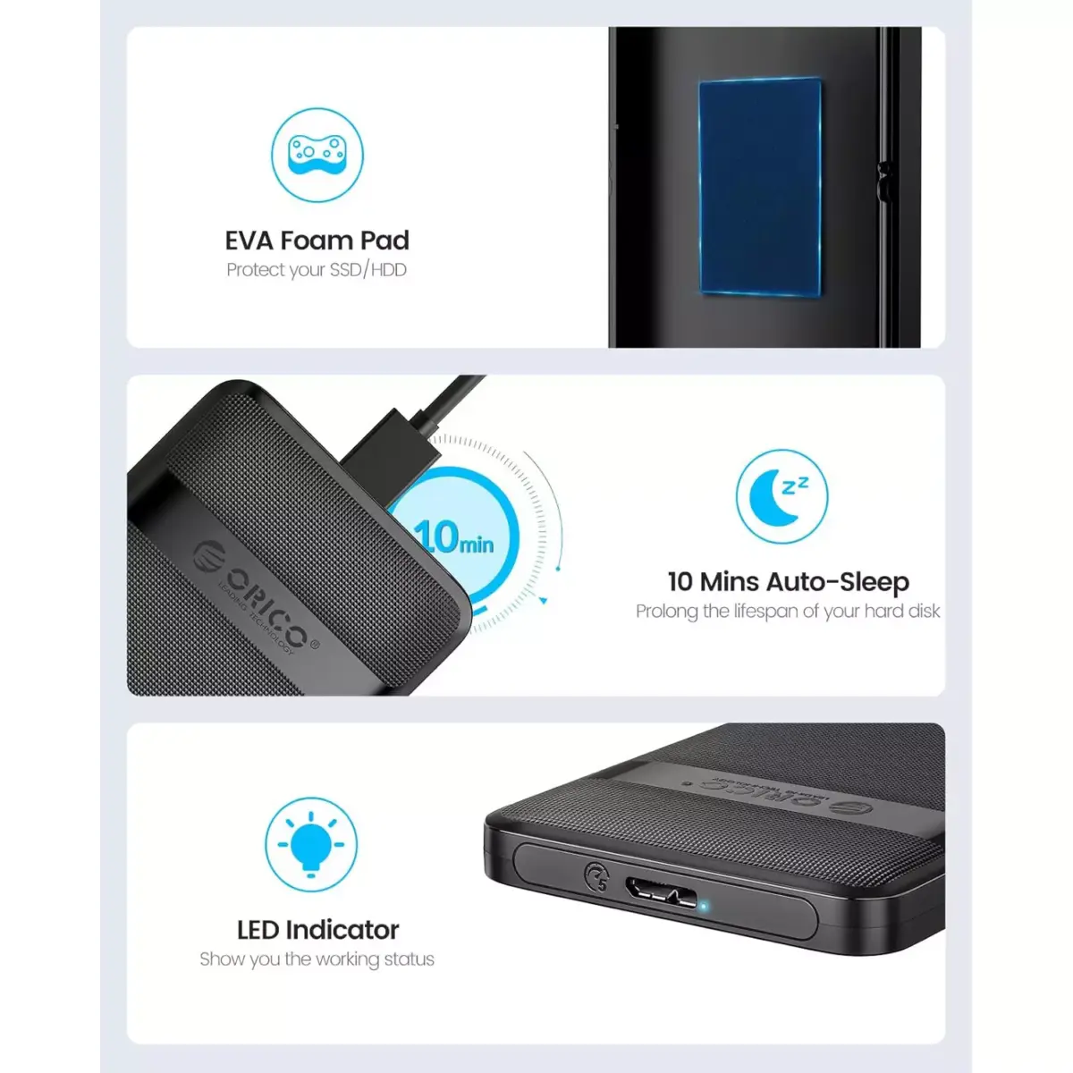ORICO 2577U3 2.5'' Hard Drive Enclosure, 5Gbps USB 3.0 to SATA External Hard Drive Case for 2.5 Inch 7mm 9.5mm SSD HDD Max 6TB, UASP Supported, Black