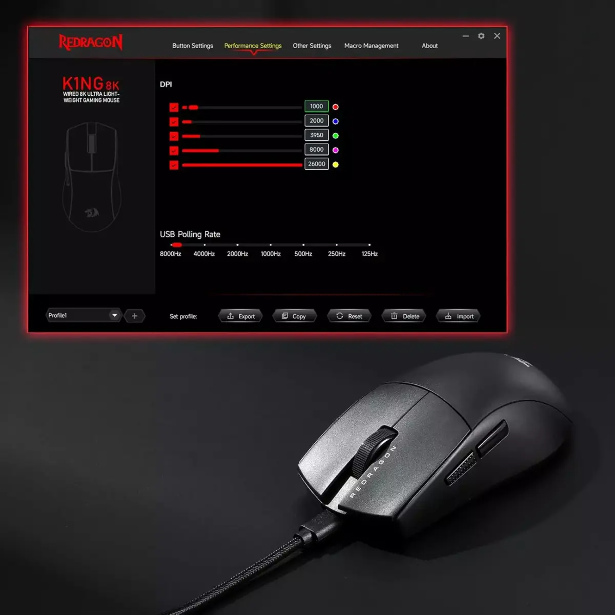 Redragon M996 8K Polling Rate Gaming Mouse, UltraLight 42G Optical Sensor PAW3395 26,000 DPI