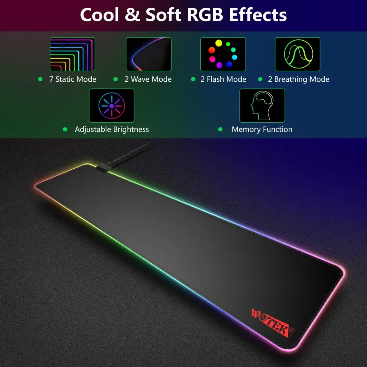 WOTEK RGB Gaming Mouse Pad - Size 800 X 400 X 4 MM -14 Lighting Modes - Spill-Resistant Smooth Surface (Black)