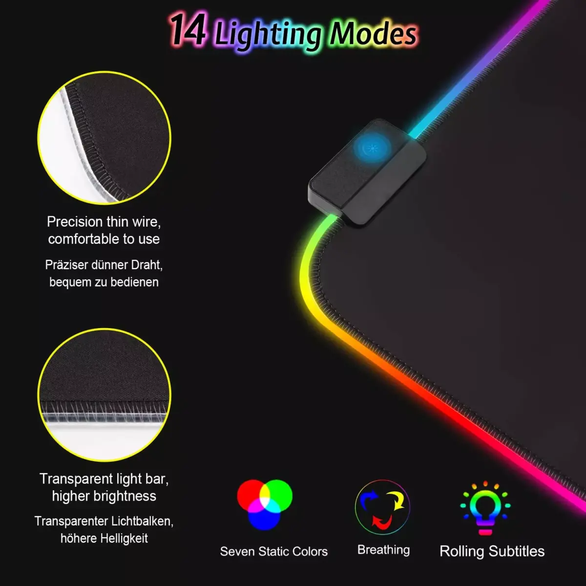 WOTEK RGB Gaming Mouse Pad - Size 800 X 400 X 4 MM -14 Lighting Modes - Spill-Resistant Smooth Surface (Black)
