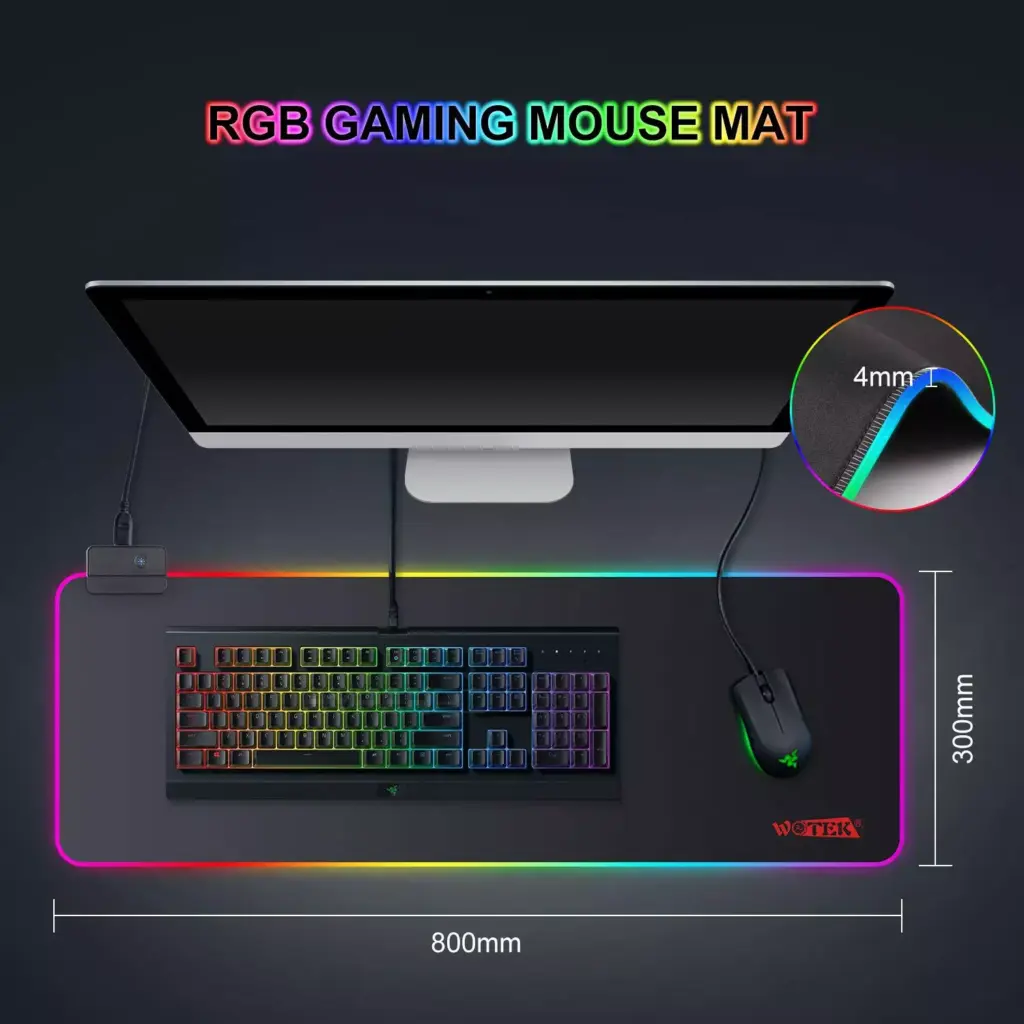 WOTEK RGB Gaming Mouse Pad - Size 800 X 400 X 4 MM -14 Lighting Modes - Spill-Resistant Smooth Surface (Black)
