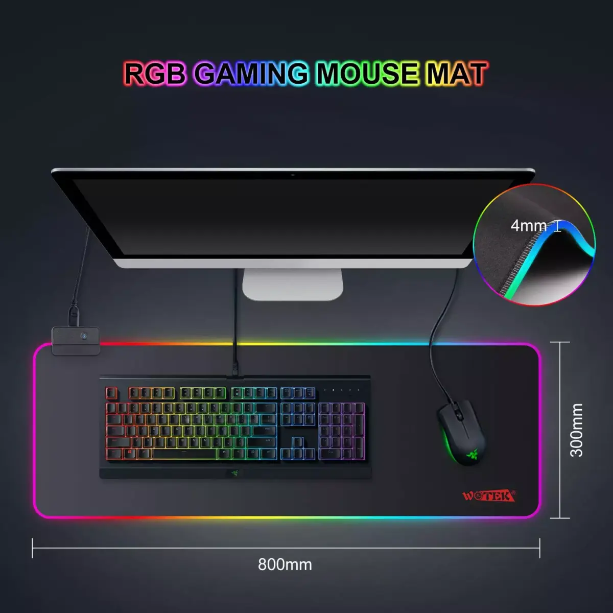 WOTEK RGB Gaming Mouse Pad - Size 800 X 400 X 4 MM -14 Lighting Modes - Spill-Resistant Smooth Surface (Black)