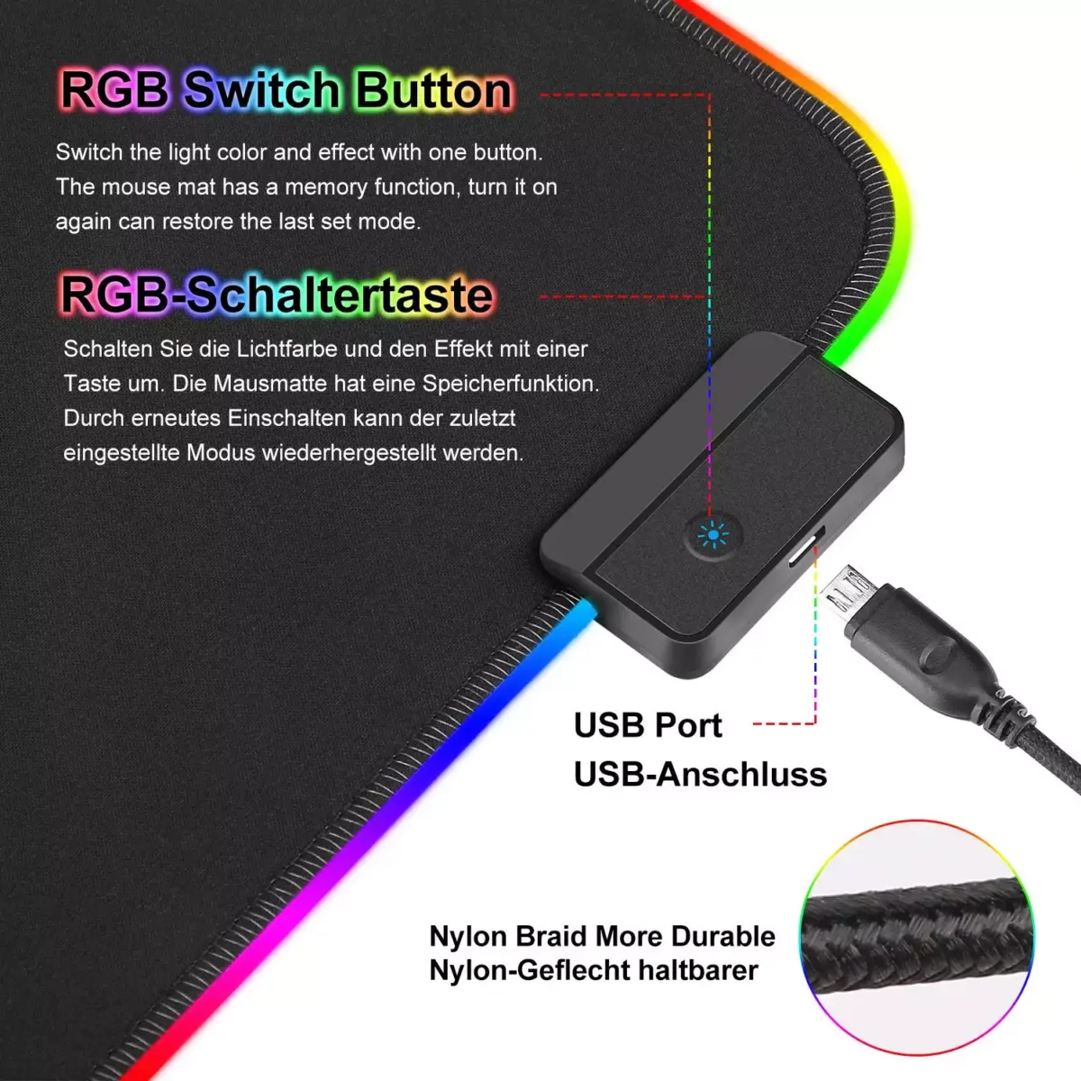 WOTEK RGB Gaming Mouse Pad - Size 800 X 400 X 4 MM -14 Lighting Modes - Spill-Resistant Smooth Surface (Black)