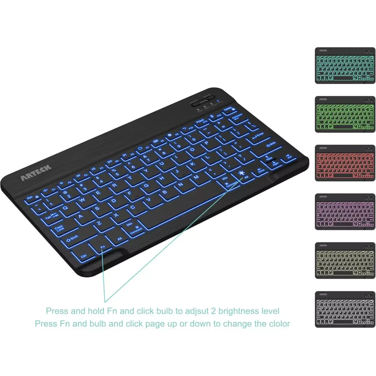 Arteck Universal Bluetooth Keyboard Backlit Ultra Light Slim Portable Built in Rechargeable 6-Month Battery (English & Arabic)